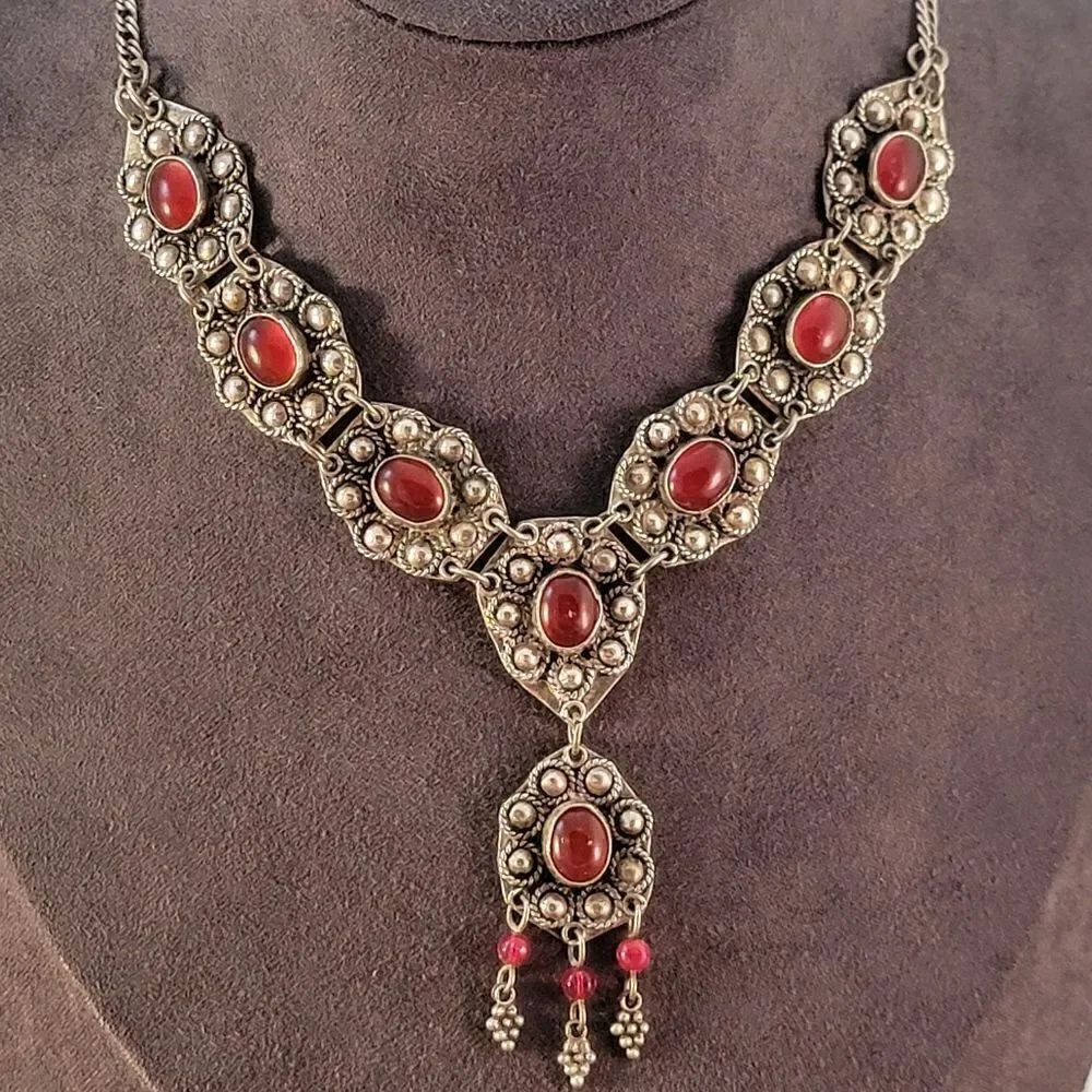 Vintage Sterling Carnelian Tribal Middle Eastern Y Necklace